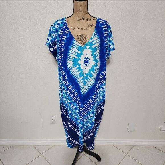 Ashley Stuart Blue Diamond Tie Dye V Neck Caftan Dress Cover Up Resort Cruise - Picture 3 of 8